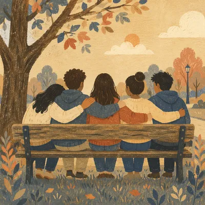 Friends Sharing Quiet Belonging on Park Bench