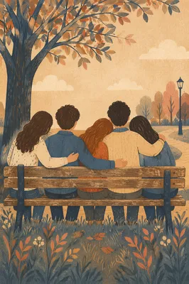Friends Sharing Quiet Belonging on Park Bench