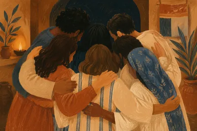 Belonging Community Circle with Arms Around Shoulders