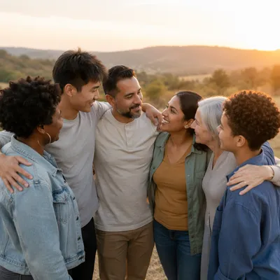 Diverse Friends Sharing Support on Grassy Hill