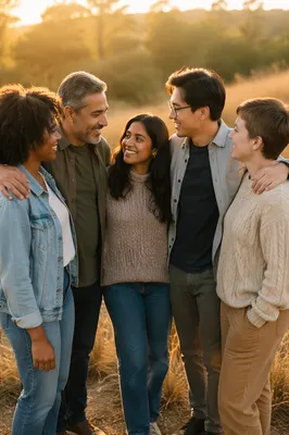 Five Friends Embracing on Grassy Hill