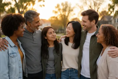 Six Friends Embracing in Park at Sunset
