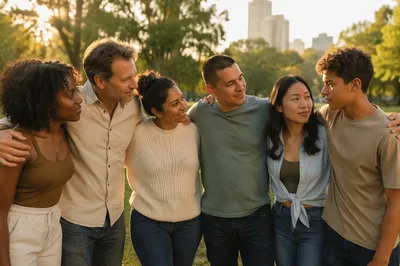 Six Friends Embracing in City Park