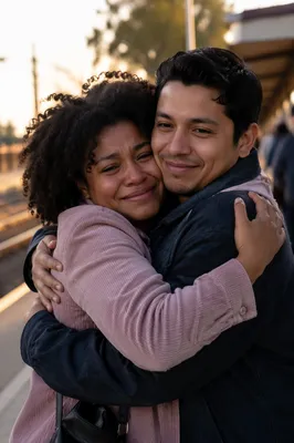 Emotional Reunion Hug on Train Platform