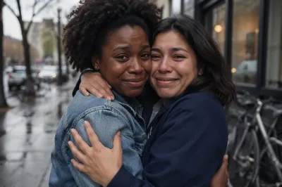 Emotional Reunion Embrace on Wet Sidewalk