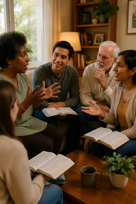 Animated Bible Study Discussion in Living Room
