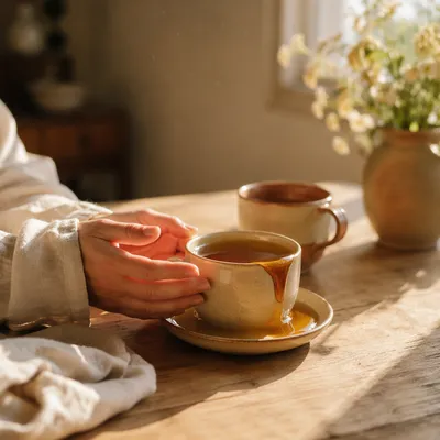 Overflowing Tea Cup in Golden Morning Light