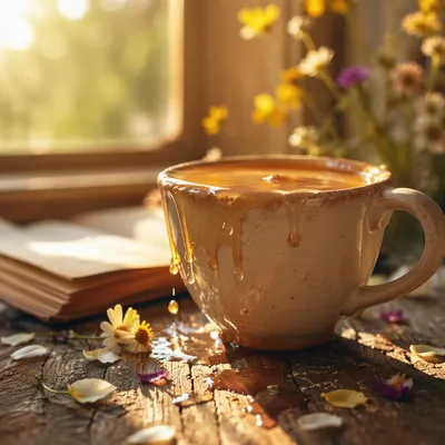Overflowing Ceramic Cup in Golden Morning Light