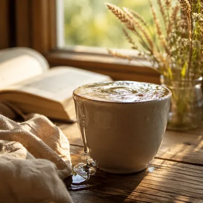 Overflowing Ceramic Cup in Golden Morning Light