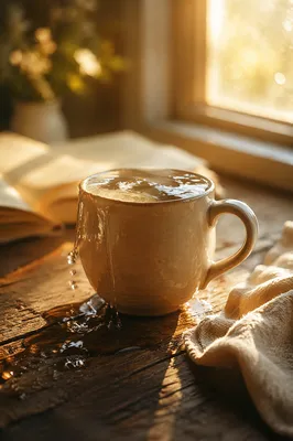 Overflowing Ceramic Cup in Golden Morning Light