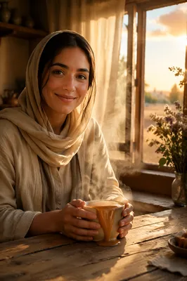 Woman Holding Overflowing Tea Cup at Sunrise