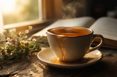 Overflowing Tea Cup in Golden Morning Light