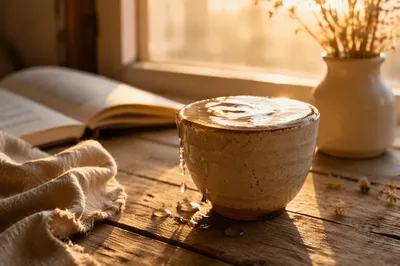 Overflowing Ceramic Cup in Golden Morning Light