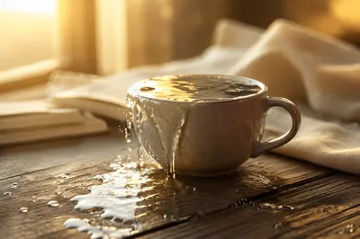 Overflowing Ceramic Cup in Golden Morning Light