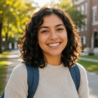 Smiling College Student on Campus Walkway