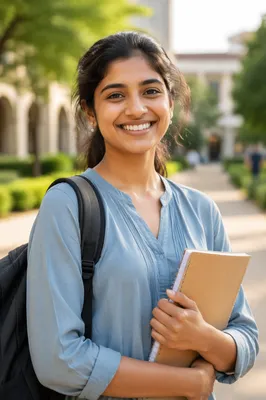 Smiling College Student on Campus Walkway