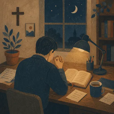 Weary Pastor Praying at Office Desk