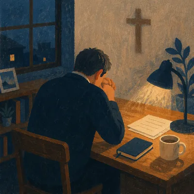 Weary Pastor Praying at Office Desk