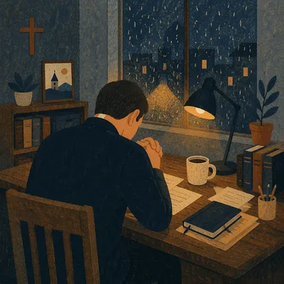 Weary Pastor Praying at Night Desk