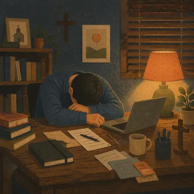 Weary Pastor Praying at Office Desk