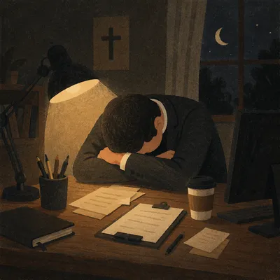 Exhausted Pastor Praying at Night Desk