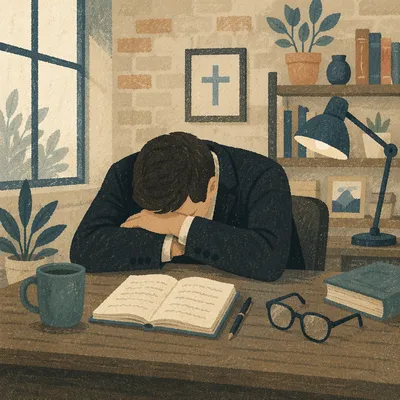 Weary Pastor Praying at Office Desk