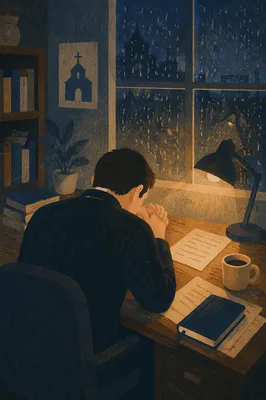 Weary Pastor Praying Late at Office Desk