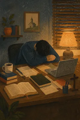 Exhausted Pastor Praying at Office Desk