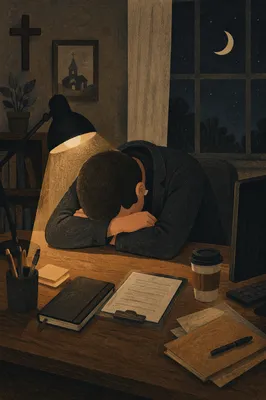 Exhausted Pastor Praying at Night Desk