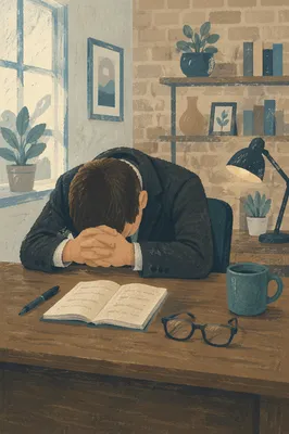 Weary Pastor Praying at Office Desk