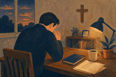 Weary Pastor Praying at Office Desk