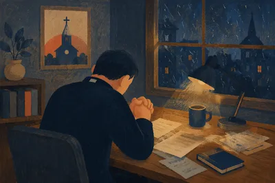 Weary Pastor Praying Late at Desk