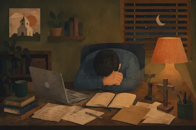 Exhausted Pastor Praying at Office Desk