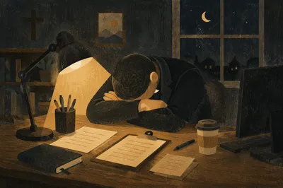 Exhausted Pastor Praying at Night Desk