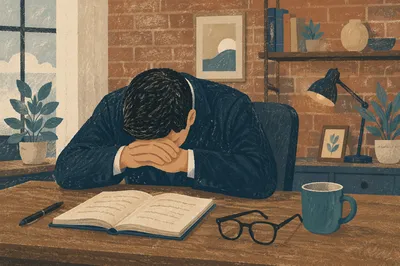 Exhausted Pastor Praying at Office Desk