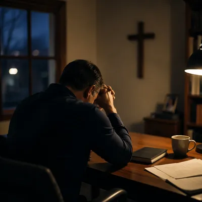 Exhausted Pastor Praying at Office Desk