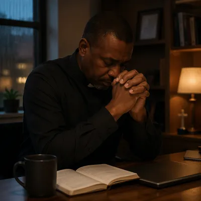 Exhausted Pastor Praying at Office Desk