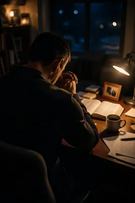 Weary Pastor Praying at Night Desk