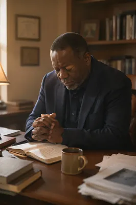 Weary Pastor Praying at Office Desk