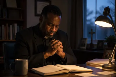 Tired Pastor Praying at Office Desk