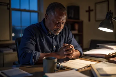 Tired Pastor Praying at Office Desk