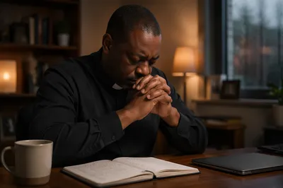 Exhausted Pastor Praying at Office Desk