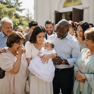 Joyful Family Baptism Outside Sunlit Church