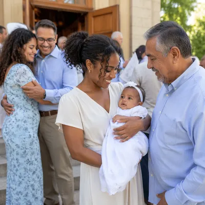 Joyful Family Baptism Celebration Outside Church