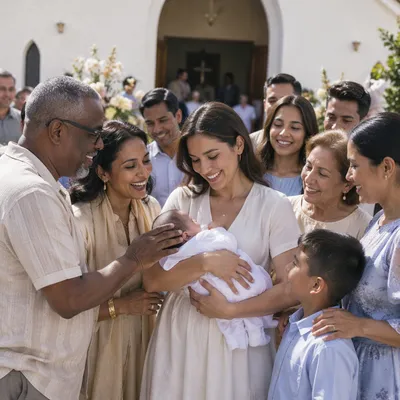 Joyful Family Baptism Celebration Outside Church
