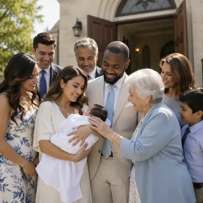 Family Gathering Outside Church After Baptism