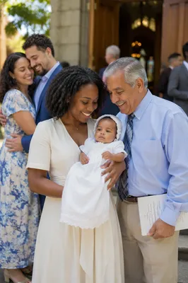Joyful Family Outside Church After Baptism