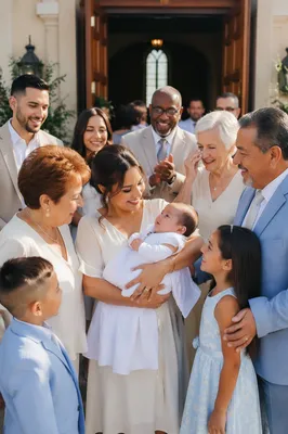 Joyful Family Gathering Outside Church Entrance