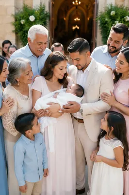 Family Celebration Outside Church After Baptism
