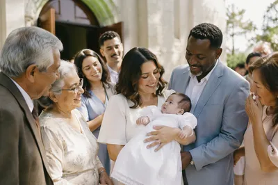 Joyful Family Gathering Outside Church Entrance